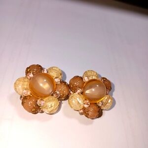 Estate Vintage Elegant Beaded Earrings in Gold and Brown Clip Ons West Getmany